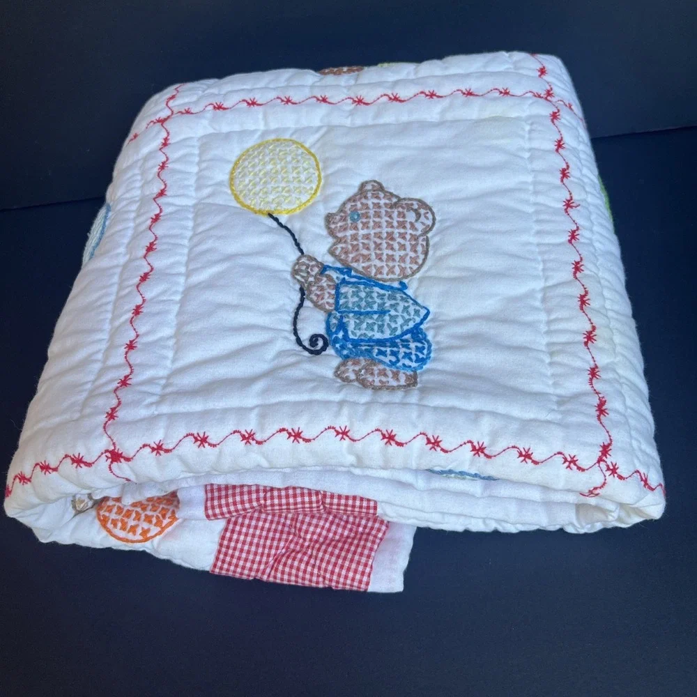 VTG 1970s Handmade Cross Stitch Teddy Bear Red Gingham Baby Crib Quilt 31x39